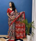 Red Printed Cotton Saree With Blouse