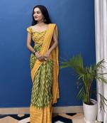 Green Printed Cotton Saree With Blouse