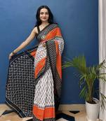 White Printed Cotton Saree With Blouse