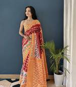 Red Printed Cotton Saree With Blouse