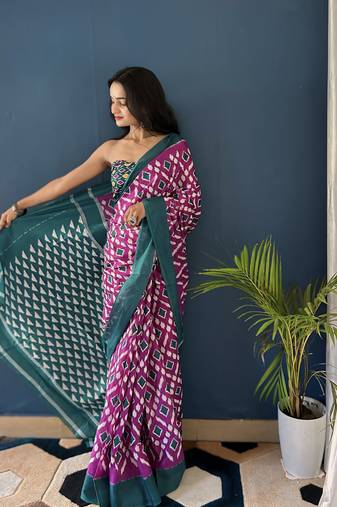 Purple Printed Cotton Saree With Blouse