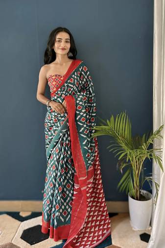 Green Printed Cotton Saree With Blouse