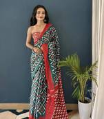 Green Printed Cotton Saree With Blouse