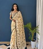 Beige Printed Cotton Saree With Blouse