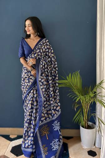 Blue Printed Cotton Saree With Blouse
