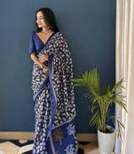 Blue Printed Cotton Saree With Blouse