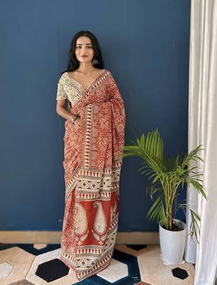 Red Printed Cotton Saree With Blouse 1