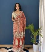 Red Printed Cotton Saree With Blouse
