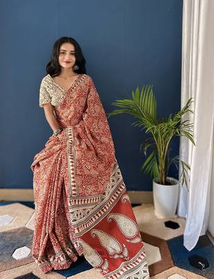 Red Printed Cotton Saree With Blouse 2