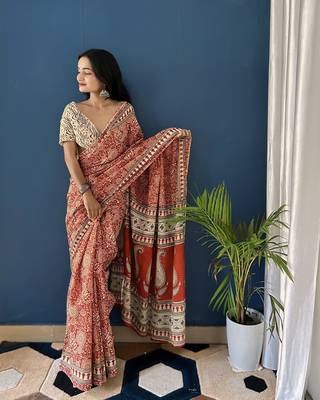 Red Printed Cotton Saree With Blouse 4