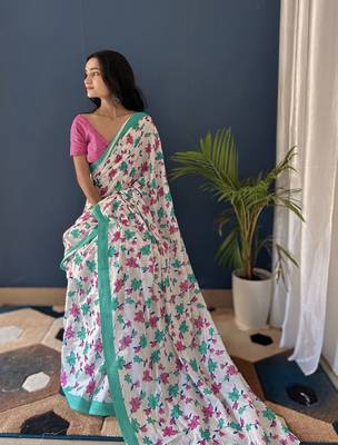 White Printed Cotton Saree With Blouse 1