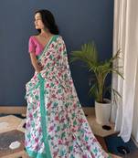 White Printed Cotton Saree With Blouse