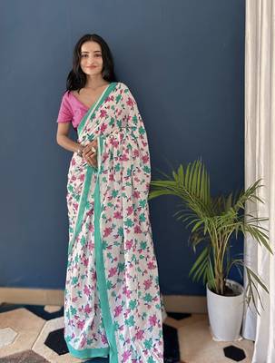 White Printed Cotton Saree With Blouse 3