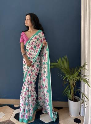 White Printed Cotton Saree With Blouse 4