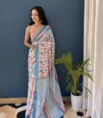 White Printed Cotton Saree With Blouse