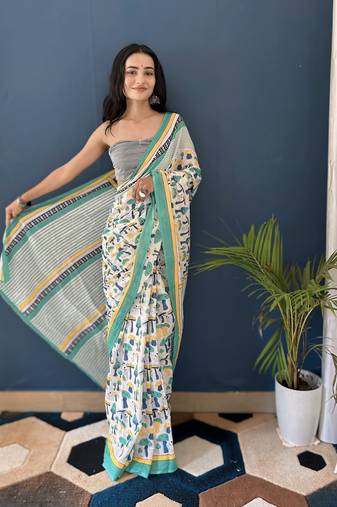 White Printed Cotton Saree With Blouse