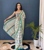 White Printed Cotton Saree With Blouse