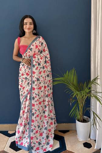 White Printed Cotton Saree With Blouse
