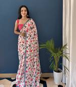 White Printed Cotton Saree With Blouse