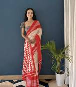 Red Printed Cotton Saree With Blouse