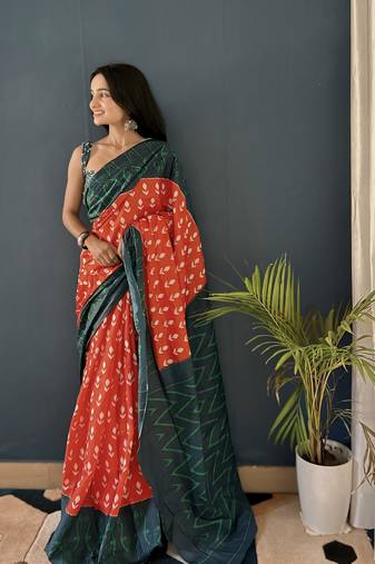 Red Printed Cotton Saree With Blouse