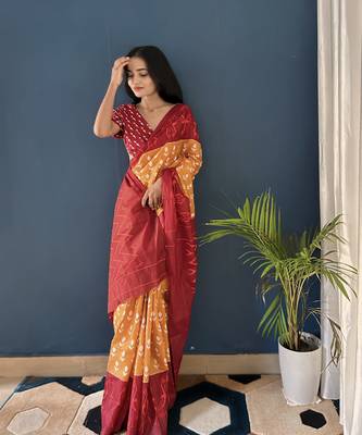 Mustard Printed Cotton Saree With Blouse 1
