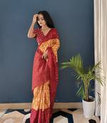 Mustard Printed Cotton Saree With Blouse
