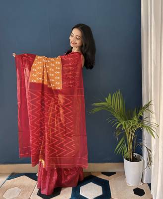 Mustard Printed Cotton Saree With Blouse 2