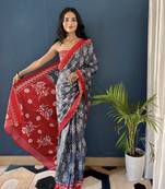 Grey Printed Cotton Saree With Blouse