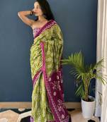 Green Printed Cotton Saree With Blouse