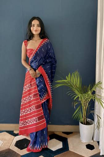 Blue Printed Cotton Saree With Blouse