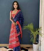 Blue Printed Cotton Saree With Blouse