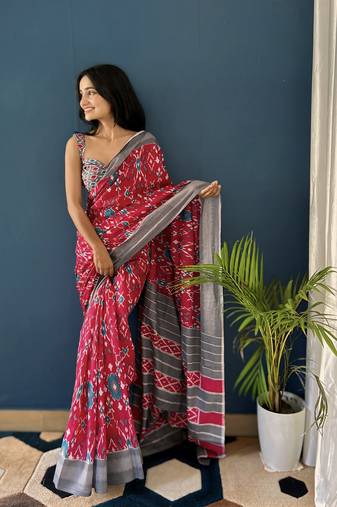 Red Printed Cotton Saree With Blouse