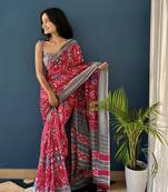 Red Printed Cotton Saree With Blouse
