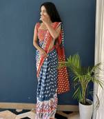 Grey Printed Cotton Saree With Blouse