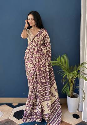 Purple Printed Cotton Saree With Blouse 1