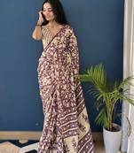 Purple Printed Cotton Saree With Blouse