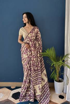 Purple Printed Cotton Saree With Blouse 2