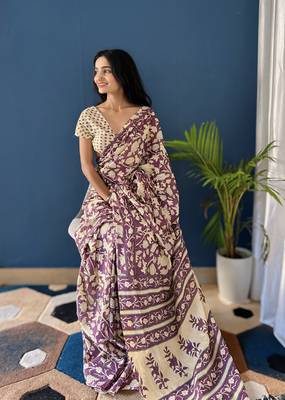 Purple Printed Cotton Saree With Blouse 3