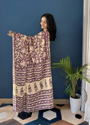Purple Printed Cotton Saree With Blouse 4