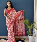 Red Printed Cotton Saree With Blouse