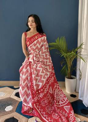 Red Printed Cotton Saree With Blouse 5