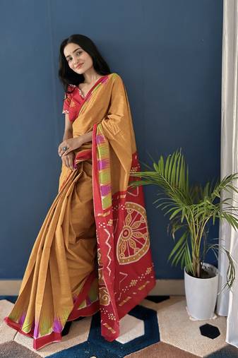 Mustard Printed Cotton Saree With Blouse