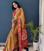 Mustard Printed Cotton Saree With Blouse