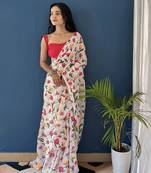 White Printed Cotton Saree With Blouse