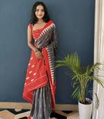 Grey Printed Cotton Saree With Blouse
