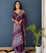 Purple Printed Cotton Saree With Blouse