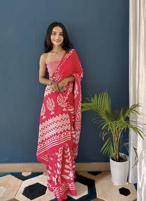 Red Printed Cotton Saree With Blouse 1