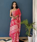 Red Printed Cotton Saree With Blouse