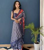 Grey Printed Cotton Saree With Blouse